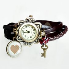 ZEGAREK- BRANSOLETKA SKÓRZANA Z GRAFIKĄ W SZKLE Z ZAWIESZKĄ - serduszko kawowe