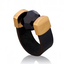 Pierścionek Black Crystal Leather Ring in Gold