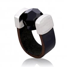 Pierścionek Black Crystal Leather Ring in Silver