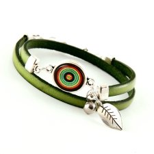 Skórzana bransoletka, zielona z grafiką folkową