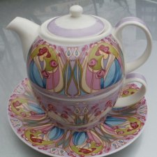 tea single set past times  Glasgow  rose - collection by queens - secesyjnie zdobiony zestaw herbaciany porcelanowy sygnowany