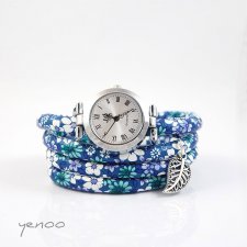 Zegarek, bransoletka - Niebieskie kwiaty - owijany