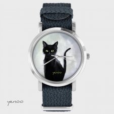 Zegarek, bransoletka - Czarny kot, szary - grafitowy