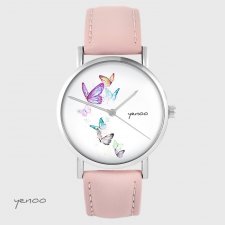Zegarek yenoo - Motyle - pudrowy róż, skórzany