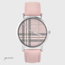Zegarek yenoo - Szkocka krata - pudrowy róż, skórzany