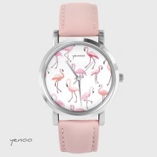 Zegarek, bransoletka - Flamingi - pudrowy róż, skórzany