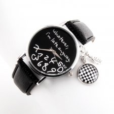 Zegarek czarny z napisem "Whatever, I'm late anyway" i zawieszkami