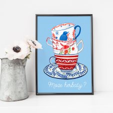 Plakat do kuchni "Może herbaty?" niebieski, format A3