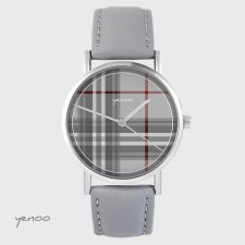 Zegarek yenoo - Szkocka krata - szary, skórzany