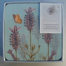 lavender set of 6 luxury cork -backed coasters w oryginalnym opakowaniu nowe