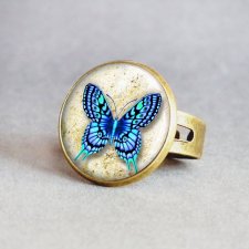 błękitny motyl:: Pierścionek z grafiką w szkle