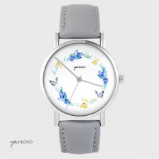 Zegarek yenoo - Wianek, motyle - szary, skórzany