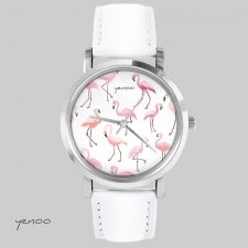 Zegarek, bransoletka - Flamingi - biały, skórzany