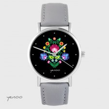 Zegarek yenoo - Folkowy czarny - szary, skórzany