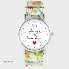 Zegarek - It is always time for love - kwiaty, nato, biały