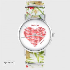 Zegarek - Serce pikselove - kwiaty, nato, biały