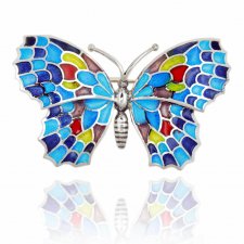 Srebrna broszka duży kolorowy motyl