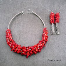 Koral czerwony i len - komplet biżuterii