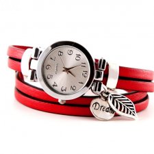 zegarek bransoletka z czerwonym paskiem ze skóry, owijany
