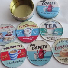 VINTAGE DESIGN  6 TIN COASTERS -hot Coffee  -WISCOMBEART -ECP DESIGN  -  nowe nie używane podkładki komplet 6 sztuk w metalowym opakowaniu