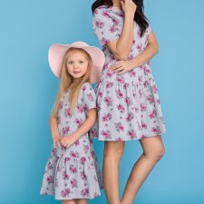KOMPLET dla mamy i córki - sukienka z szeroką falbaną, kwiaty