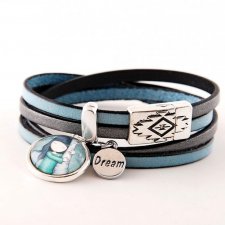 Bransoletka skórzana w kolorach gołębim i stalowym z zawieszkami