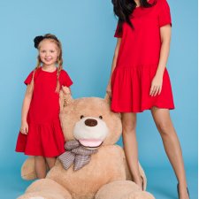 KOMPLET dla mamy i córki - sukienka z szeroką falbaną, czerwony