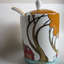 MODERN JAM POT AND SPOON - FARM BARN -CLARICE CLIFF INSPIRED