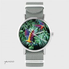 Zegarek - Papugi, tropikalny - szary, nato, palmy, liście