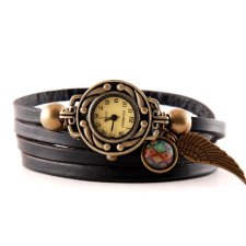 zegarek- bransoletka, czarny skórzany pasek, owijany, z klamrą