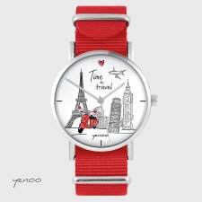 Zegarek - Time to travel - czerwony, nylonowy