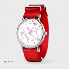 Zegarek - Flamingi - czerwony, nylonowy