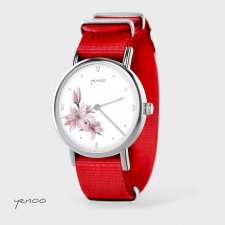Zegarek - Różowa lilia - czerwony, nato
