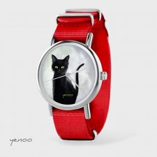 Zegarek - Czarny kot, szary - czerwony, nato