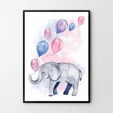 Plakat słonik balony różowy pokój dziecka - dziewczynki  A3