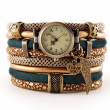 Zegarek - bransoletka w stylu retro, zielony, złoty, brązowy, ze skrzydłem i sercem