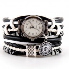 Zegarek bransoletka czarno- biały w stylu boho, z zawieszką, owijany