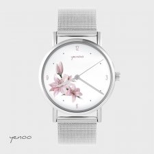 Zegarek, bransoleta - Lilia różowa - metalowy mesh