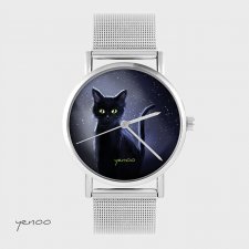 Zegarek, bransoletka - Czarny kot, noc - metalowy
