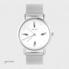 Zegarek, bransoleta - Szare piórka - metalowy mesh