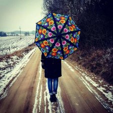 Duży klasyczny parasol kwiaty łowickie folk czarny