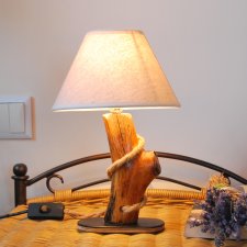 Lampa z drewna bukowego, abażur beżowy, lampa z naturalnego drewna