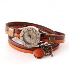 Zegarek bransoletka, skórzany pasek, z zawieszkami, rudo- brązowy w stylu retro