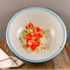 duża miska emaliowana, niebieska w kwiaty