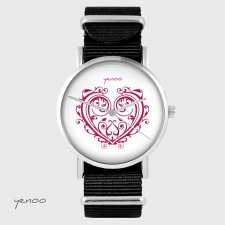 Zegarek - Serce ornamentowe - czarny, nylonowy