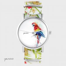 Zegarek - Papuga - kwiaty, nato, biały