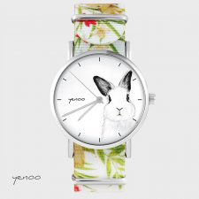 Zegarek - Królik - kwiaty, nato, biały