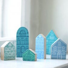 Komplet 6 szt - drewniane domki ręcznie malowane niebieskie