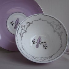 MISS DARCY BIRD CUP &SAUCER LAVENDER/SILVER Bombay duck london  nowy  - SZLACHETNIE PORCELANOWY ZESTAW HERBACIANY FILIŻANKA ZE SPODKIEM nowy