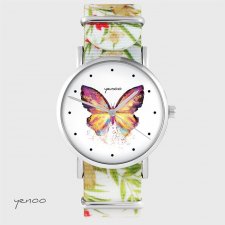 Zegarek - Motyl - kwiaty, nato, biały